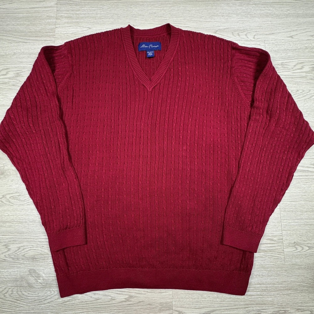 Alan Flusser Men's Sweater V-Neck Burgundy Red Large 100% Cotton Cable Knit